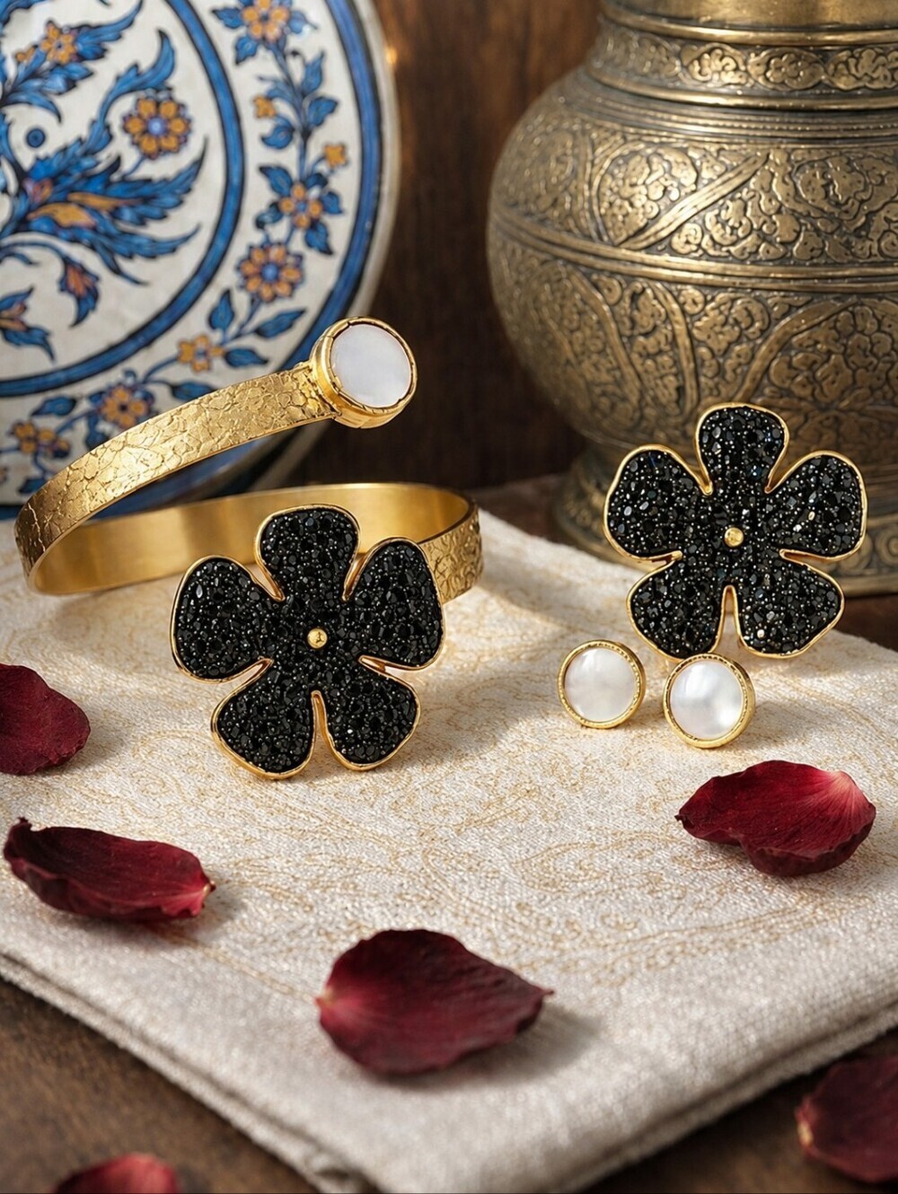 Turkish Artisan 18K Gold Plated Whimsigoth Black Flower Cuff Ring Earring Set